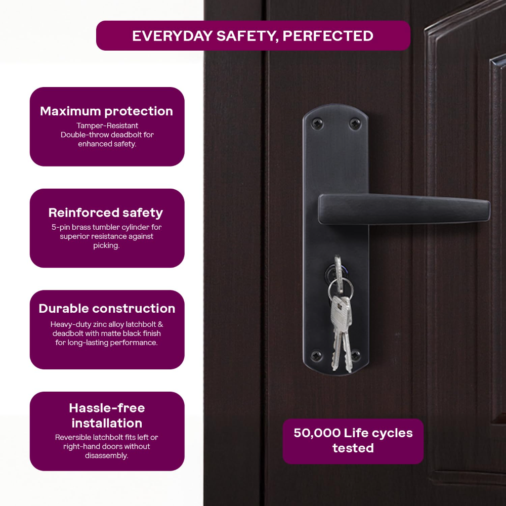 Godrej Mortise Lock I EuroProfile 60mm Cylinder | Double Throw Deadbolt | Common Keys | Reversible Latch | Matte Black Finish | Anti-Corrosion Brass Body | 5 Year Warranty
